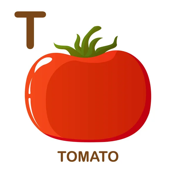 Tomato icon with letter T. Cartoon style object. Vector Illustration. — Stock Vector