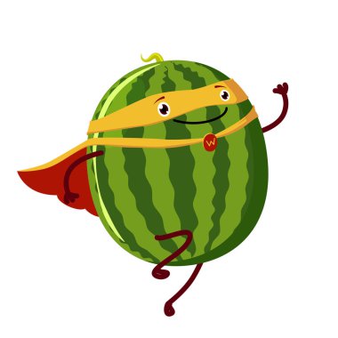 Karpuz süper kahraman. Vektör karpuz karakterli meyve posteri.