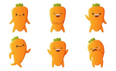 Sevimli havuç karakterleri oluşturun. Beyaz arkaplanda izole edilmiş Kawaii sebze vektörü karakterleri