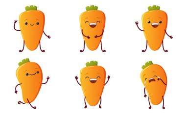 Sevimli havuç karakterleri oluşturun. Beyaz arkaplanda izole edilmiş Kawaii sebze vektörü karakterleri
