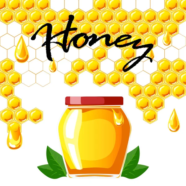 Méhsejt háttér és egy üveg méz. Bannerkoncepció — Stock Vector