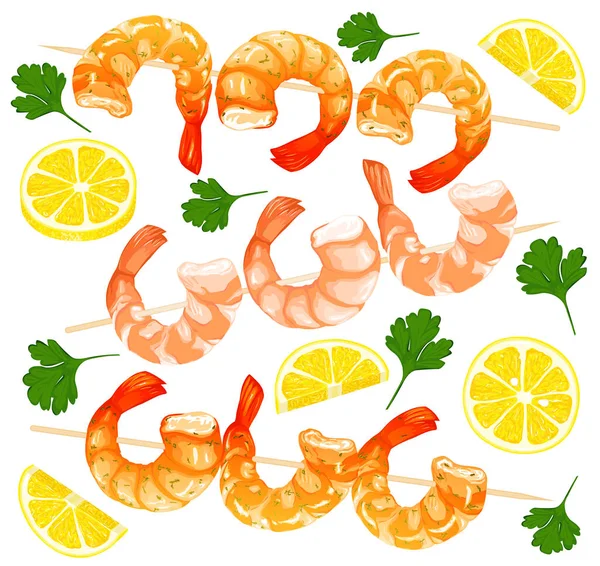 Prawns Skewers Parsley Lemon Drawing White Background Shrimp Icons Set — Stock Vector