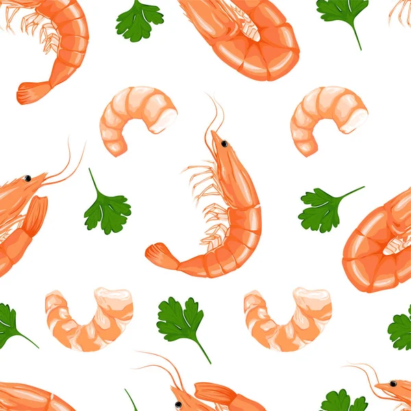 Pattern Shrimp Shrimp Meat Shell Parsley Seamless Pattern Realistic Illustration — Stock Vector