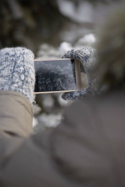 Sıcak mittens. Resmi telefon için. Ladin ağacı dalı. Silah.