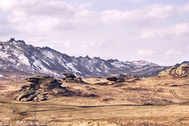 Güzel sahne. Dağ manzarası. Gri taşlar. Kuru ot.