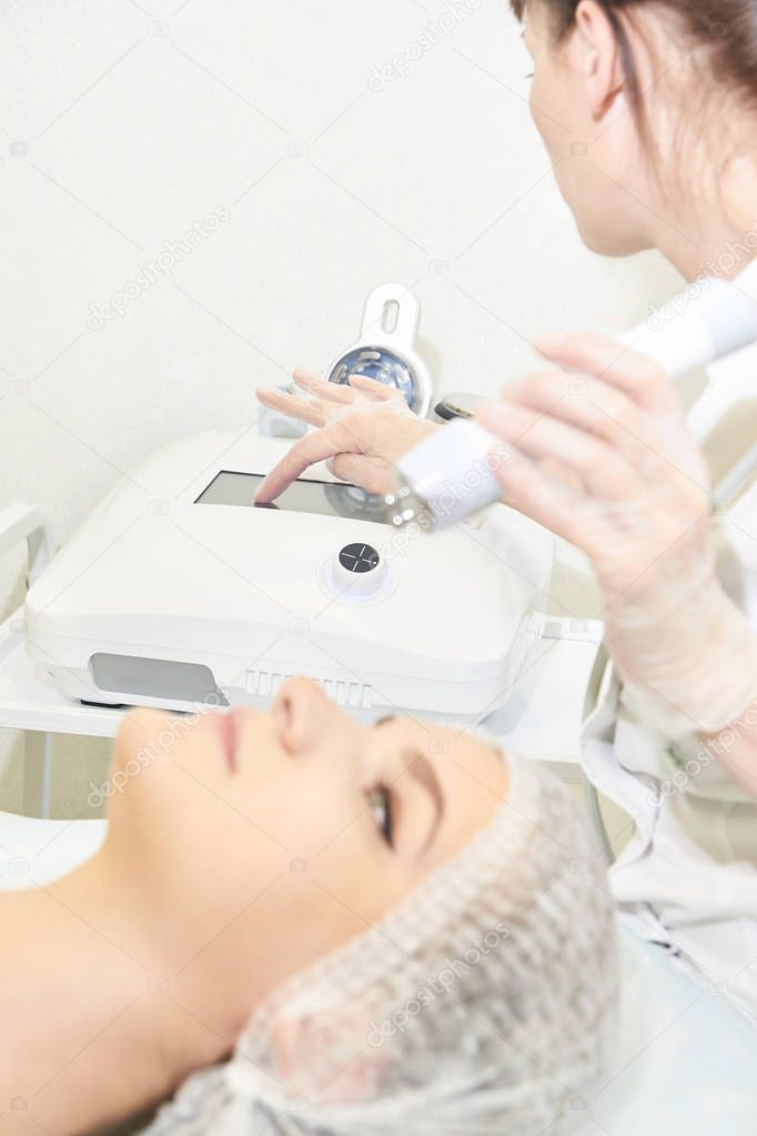 Cosmetology light equipment. Anti age and wrinkle. Microcurrent medicine treatment. Beauty woman. Sincare clinic. aesthetic peeling.