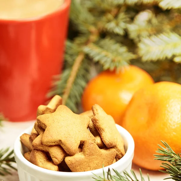 Neujahr Tasse Kaffee Köstliche Mandarinen Fichtenzweig — Stockfoto