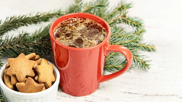 Big cup of coffee. Gingerbread Cookie. NewYear. Christmas tree.