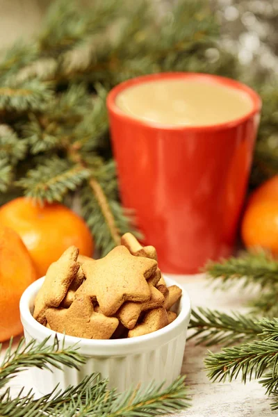 Gingerbread Cookie Cup Coffee Spruce Branch Orange Tangerines Newyear — Stock Photo, Image