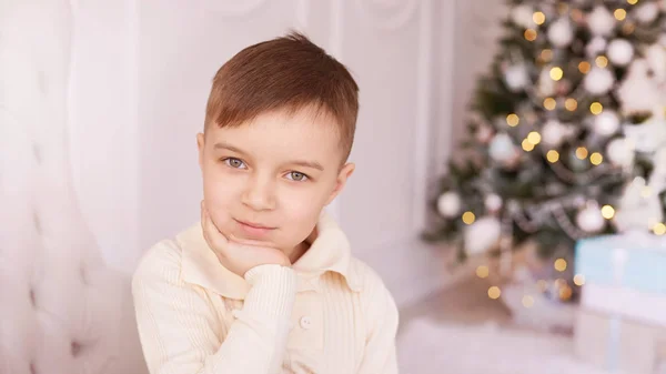 Новорічна Ялинка Напередодні Свята Прекрасний Портрет Маленький Хлопчик Різдвяний Інтер — стокове фото