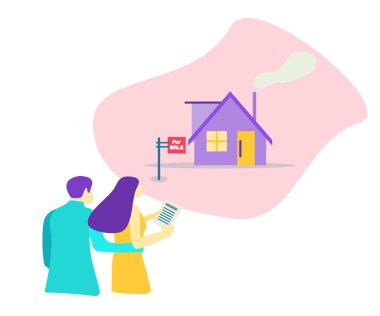 Yeni ev satış için arayan Çift insanlar. Dağların yakınlarında ev. Elinde anahtar. Konut kredisi. Düz vektör çizim.