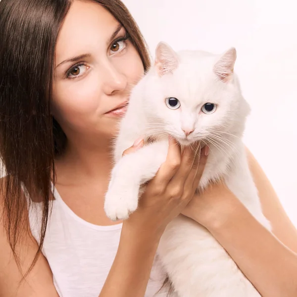 Alergia Gatos Menina Jovem Segurar Animal — Fotografia de Stock