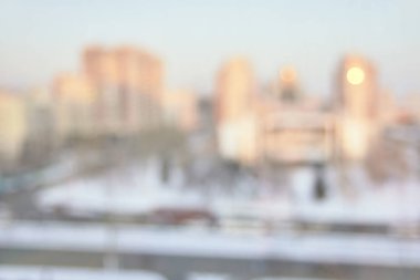 Arka plan bulanık. Üstten görünüm. Şehir. Yüksek binalar.