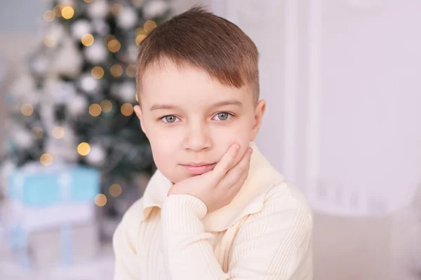 Kerst Interieur Mooi Portret Kleine Jongen Horizontaal — Stockfoto