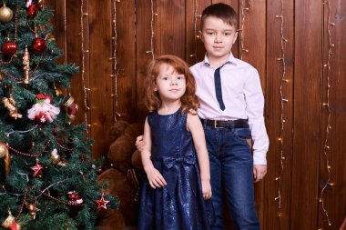 Kız ve erkek kardeşim. Noel iç. Küçük çocuklar. Aile portresi.