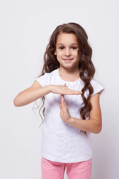 Little Girl Stop Gesture White Background — Stock Photo, Image