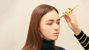 Profesyonel makyöz yüz maskara uygulayın. Kadın güzellik modeli. Doğa çıplak bak. Kontur Vakfı.