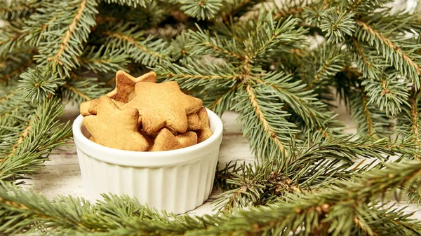 Cup Ginger Biscuits Star New Year Christmas Tree — Stock Photo, Image