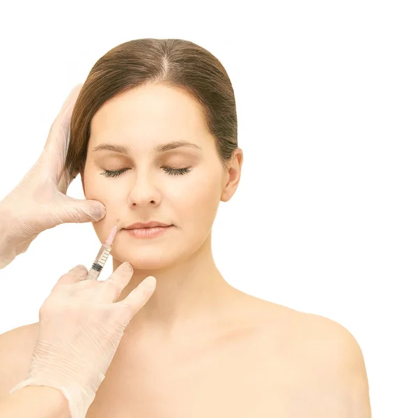 Frau Kosmetologischer Behandlung Biorevitalisierende Hauttherapie Arzt Füllstoff Einfügen Mädchen Klinik — Stockfoto