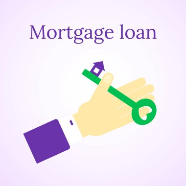 Mortgage kredi simgesi. Ev satın almak. Emlak illüstrasyon. Ev ve anahtar. İnsanlar el. Vektör görüntü.