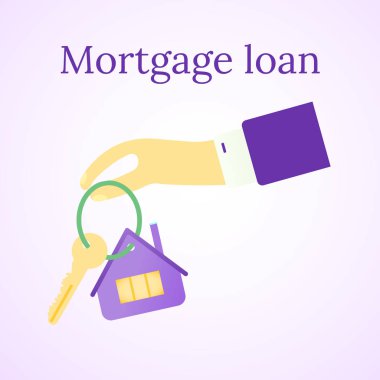 Mortgage kredi simgesi. Ev satın almak. Emlak illüstrasyon. Ev ve anahtar. İnsanlar el. Vektör görüntü.