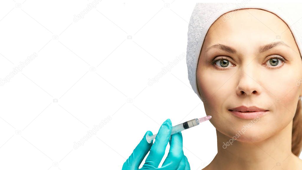 Woman face cosmetology treatment. Biorevitalization skin therapy. Doctor insert filler. Girl clinic facial mesotherapy. Injecting in medical salon