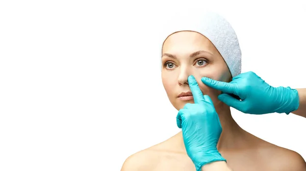 Female derma rejuvenate treatment. Doctor in gloves touch woman face. Cosmetology pretty portrait. Facial nosr injection patient — Stock Photo, Image