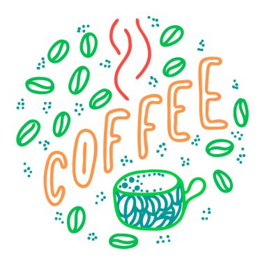 Kahve harfleri. Tek kelime renk alıntısı. Fincan ve fasulye. Yuvarlak tasarım formu. Vektör illüstrasyon sanatı