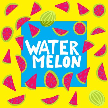 Karpuz vektör harfleri. Kırmızı ve yeşil arka plan. Tropikal gıda grafikleri. Tam dilim