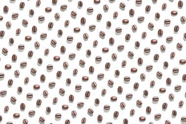 Beyaz arka planda bir sürü kahve çekirdeği. Ayrı tohumlar