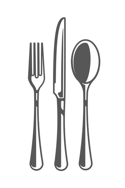 フォーク ナイフ スプーンは 白い背景で隔離 料理デザインのロゴと紋章のシンボル ベクトル図 — ストックベクタ