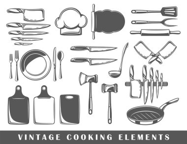 Pişirme üzerinde izole beyaz arka plan öğeleri kümesi. Tasarım logolar ve amblemler yemek pişirmek için semboller. Vektör çizim