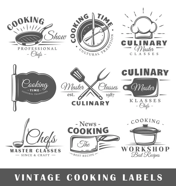 Set of vintage cooking labels. Templates for the design of logos and emblems. Collection of cooking symbols: pan, hat, rolling pin. Vector illustration — Stock Illustration Set Vintage Cooking Labels Templates Design Logos Emblems Collection Cooking Royalty Free Stock Vectors