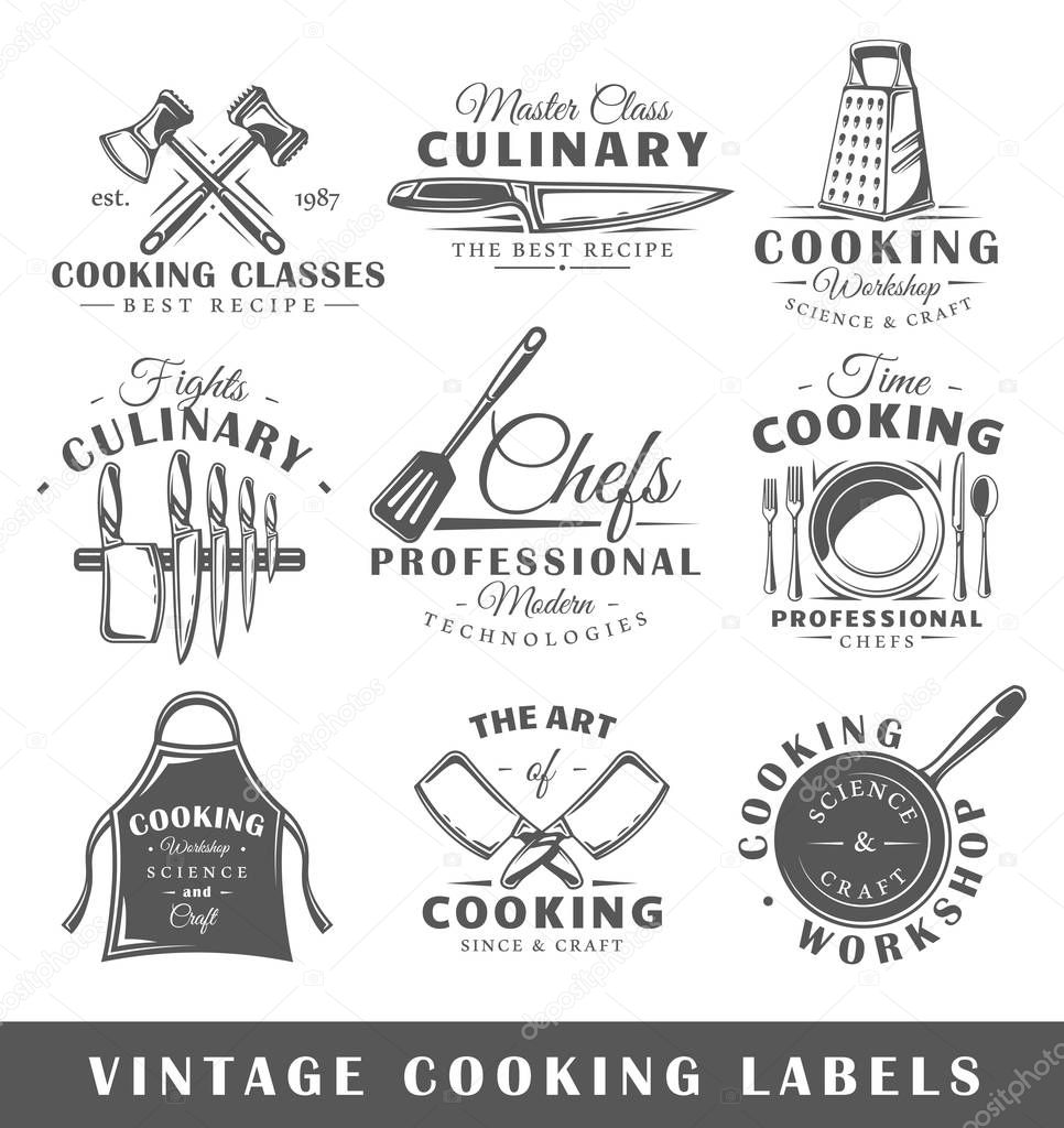 Set of vintage cooking labels. Templates for the design of logos and emblems. Collection of cooking symbols: knife, grater, apron. Vector illustration