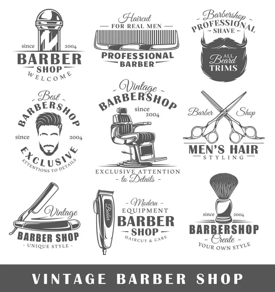 Conjunto Etiquetas Barbearia Vintage Modelos Para Design Logotipos Emblemas Coleção —  Vetores de Stock