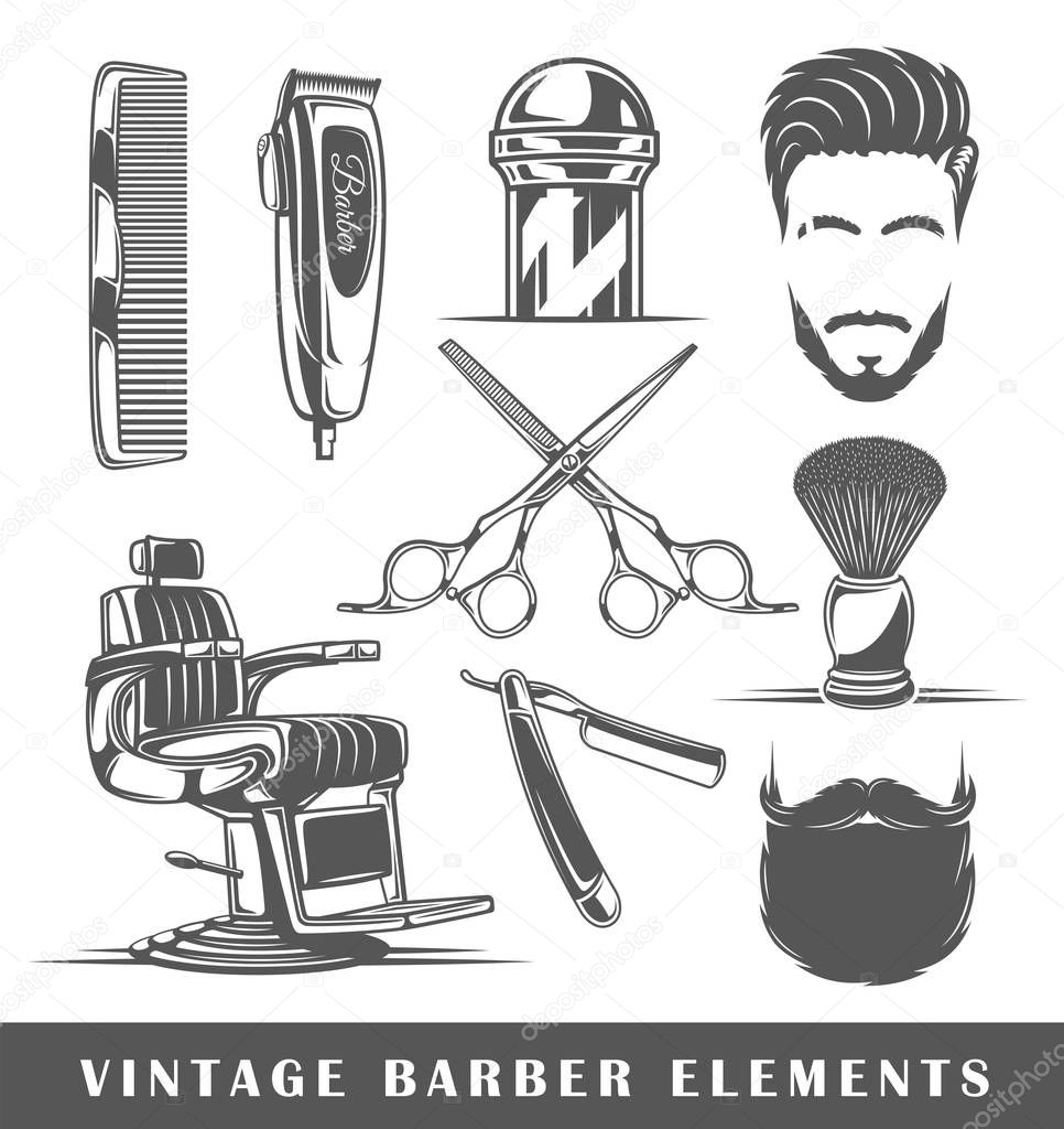 Set of elements of the barbershop isolated on white background. Symbols for barbershop design logos and emblems. Vector illustration
