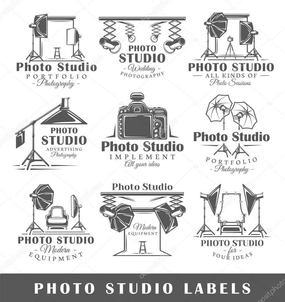 Set of vintage photo studio labels. Templates for the design of logos and emblems. Collection of photo studio symbols: spotlight, flash, backdrop. Vector illustration