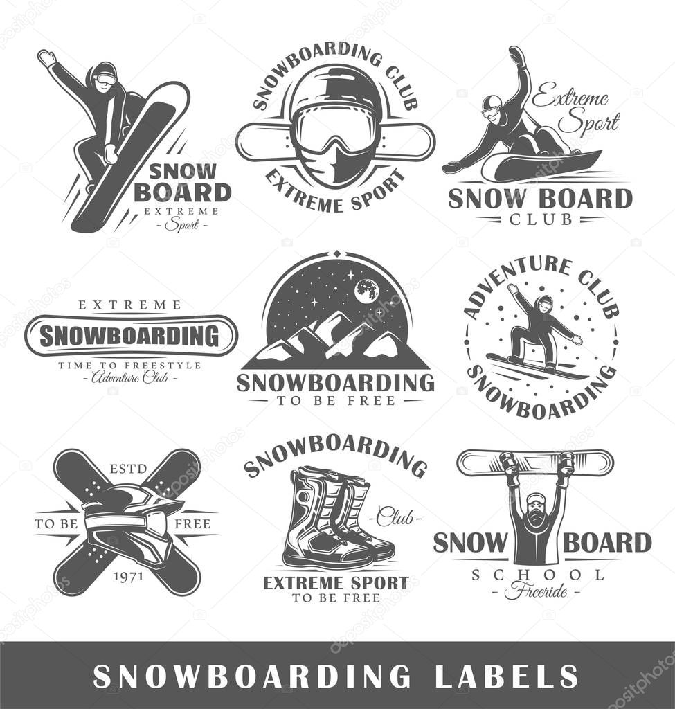 Set of vintage snowboarding labels. Templates for the design of logos and emblems. Collection of snowboarding symbols: board, mountain, mask. Vector illustration