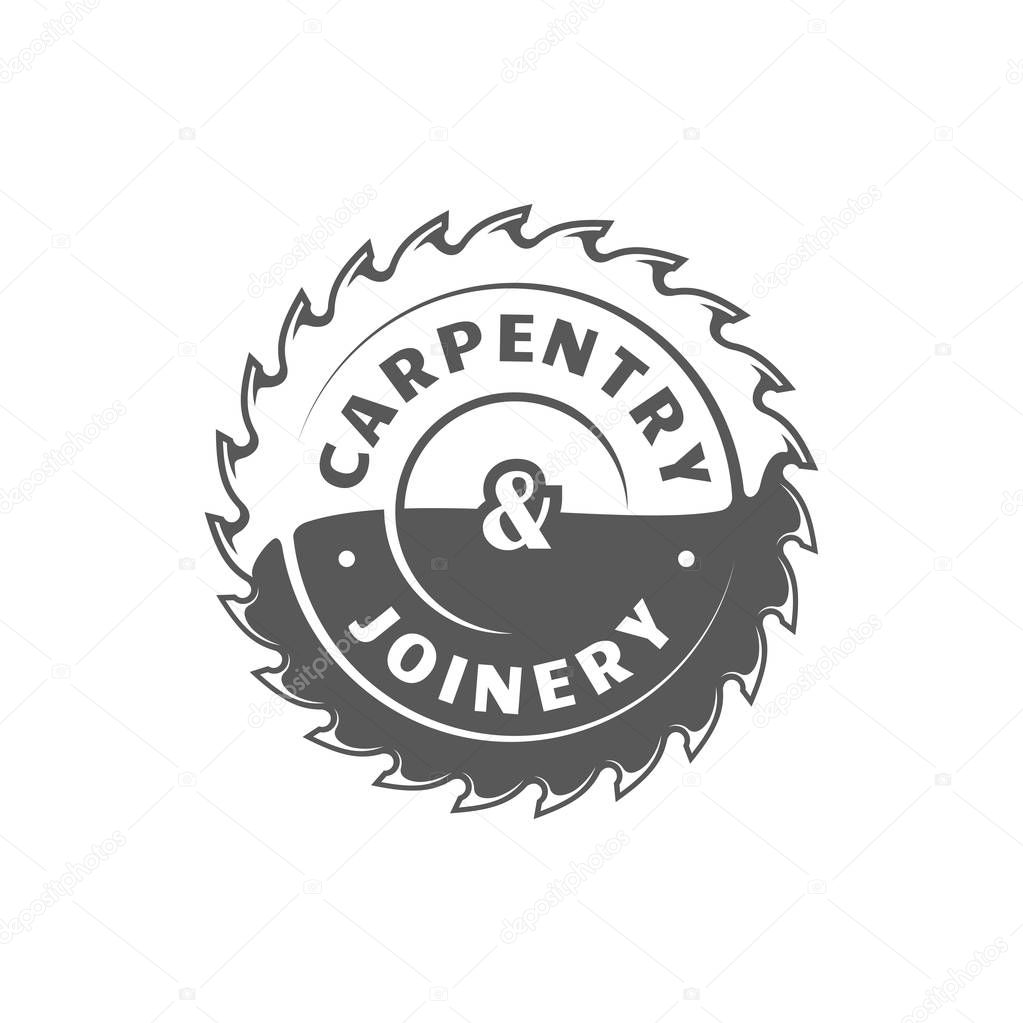 Saw blade. Modern carpentry label isolated on white background. Vector illustration