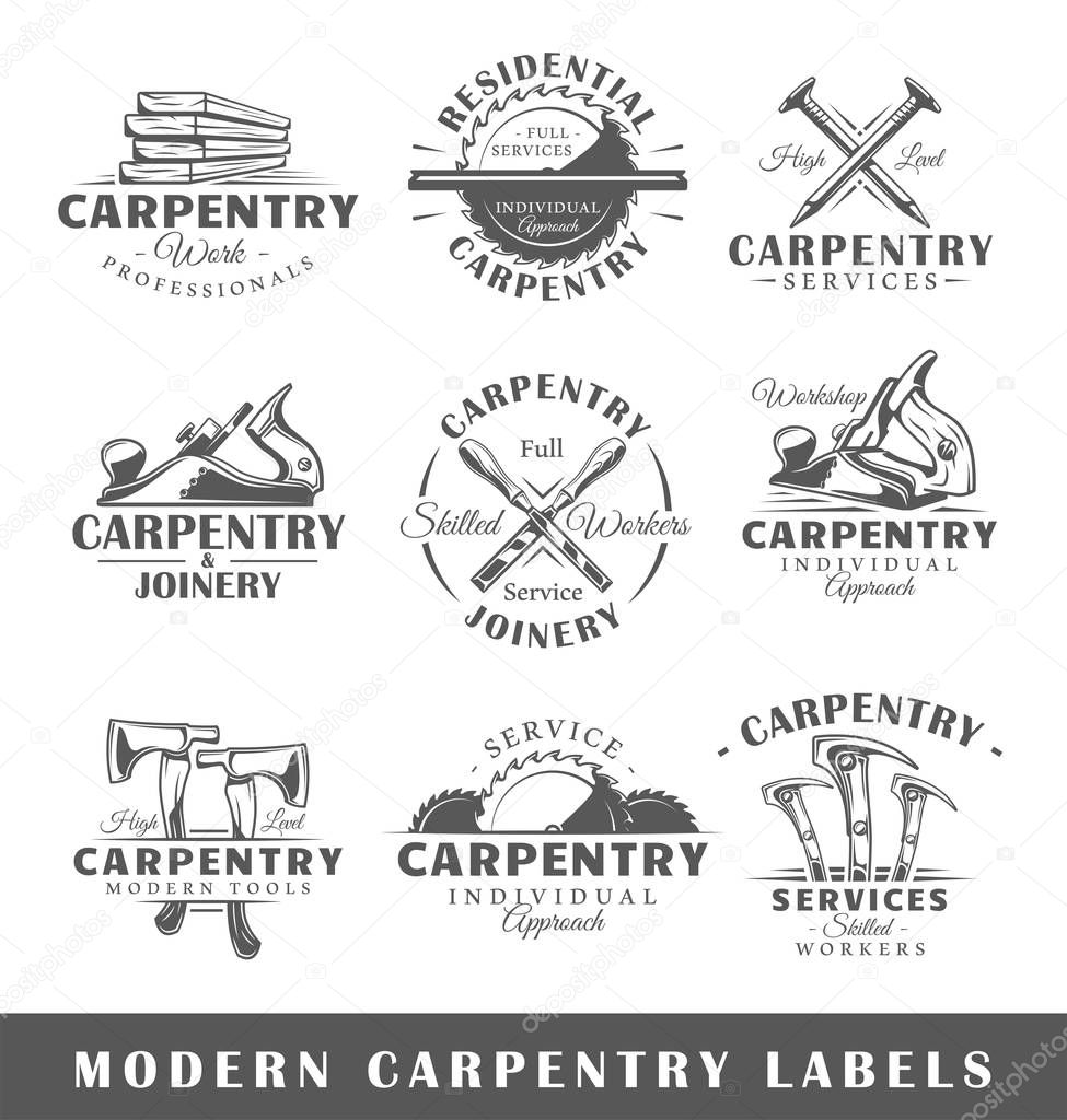 Set of modern carpentry labels.  Posters, stamps, banners and design elements. Vector illustration