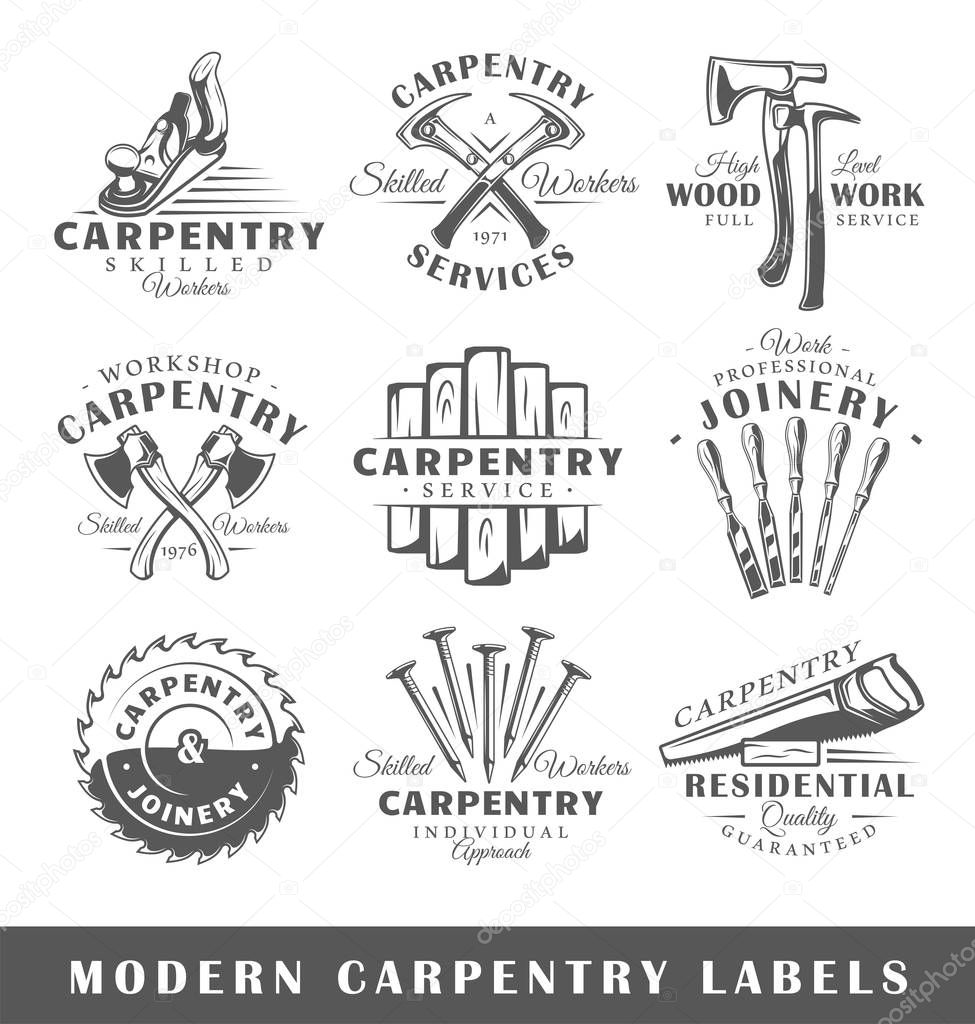 Set of modern carpentry labels.  Posters, stamps, banners and design elements. Vector illustration