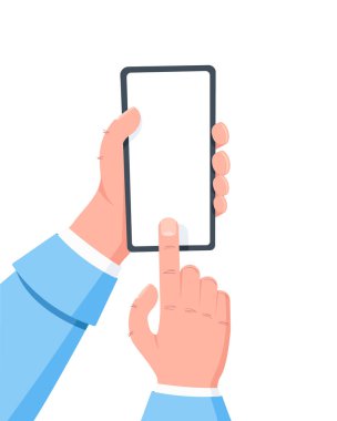 El ele tutuşan cep telefonu, ekranda bir parmak tıklıyor. Akıllı cep telefonu kullanıyor. Düz tasarım konsepti. Vektör illüstrasyonu