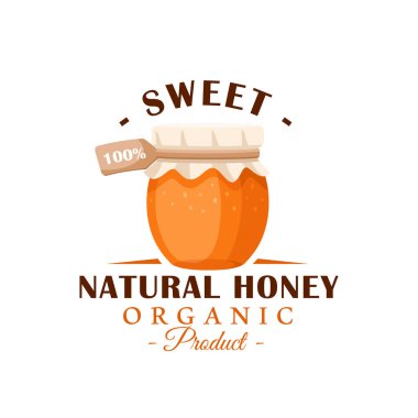 Beyaz arka planda izole edilmiş ballı cam kap. Bal etiketi, logo, amblem konsepti. Vektör illüstrasyonu