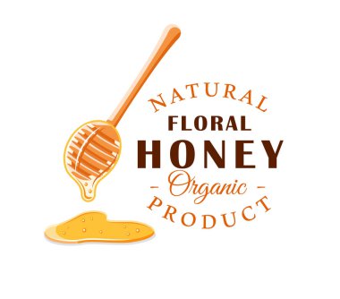 Beyaz arka planda izole edilmiş bal damlalarıyla dolu bir kaşık. Bal etiketi, logo, amblem konsepti. Vektör illüstrasyonu