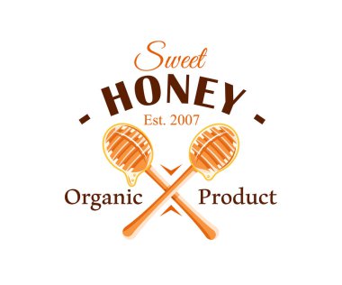 Beyaz arka planda izole edilmiş bal damlaları olan kaşıklar. Bal etiketi, logo, amblem konsepti. Vektör illüstrasyonu