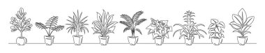 Set of continuous line drawing of a flowers in a pots. Beautiful flowers isolated on a white background. Vector illustration clipart