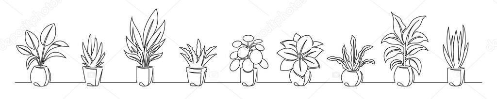 Set of continuous line drawing of a flowers in a pots. Beautiful flowers isolated on a white background. Vector illustration — Stock Illustration Set Continuous Line Drawing Flowers Pots Beautiful Flowers Isolated White Vector Graphics