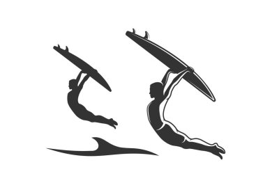 Beyaz arka planda izole edilmiş sörfçü silueti. Tasarım elemanları. Vektör illüstrasyonu