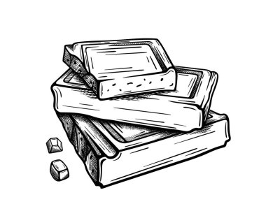 Beyaz arka planda izole edilmiş çikolata parçaları. El çizimi. Tasarım elemanı. Vektör illüstrasyonu