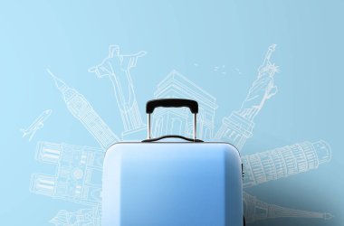 parlak renkli tekerlekli Bagaj arka plan üzerinde çizilmiş yerler ile